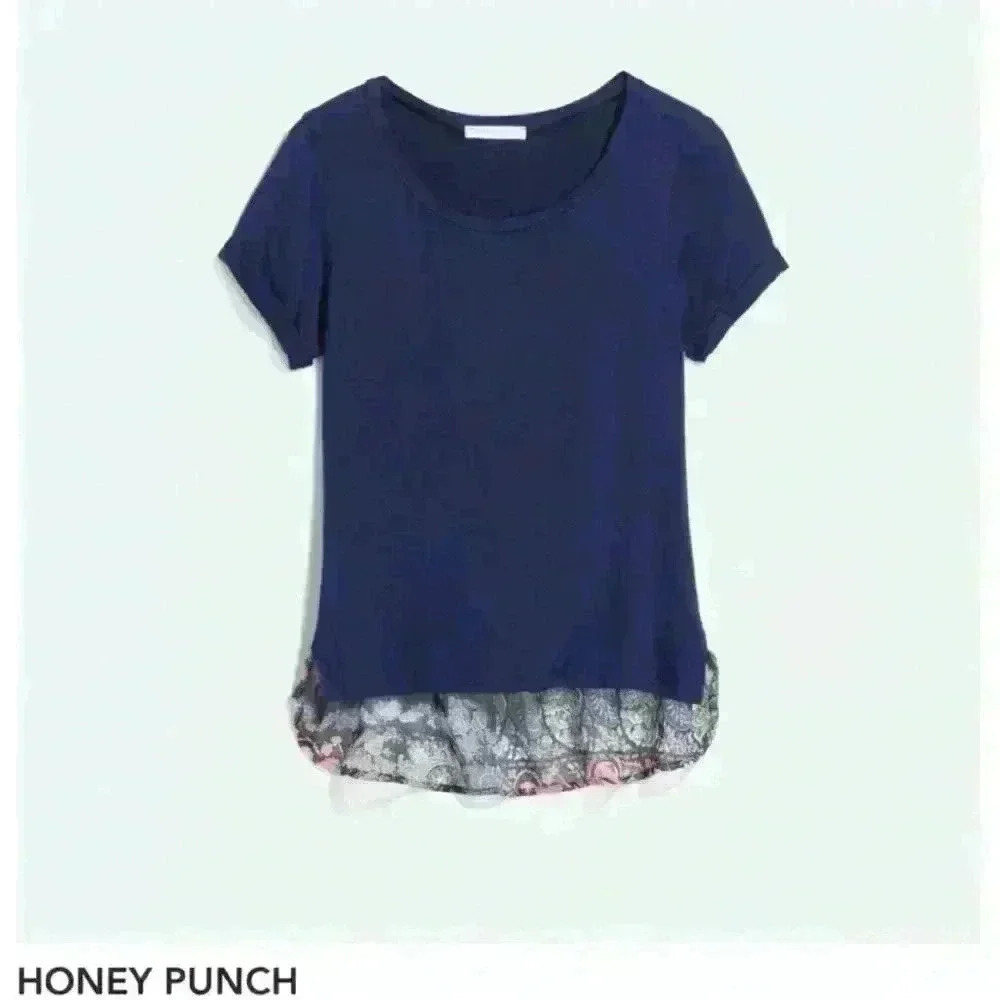 Honey Punch Stitch Fix Mix Material Knit Top Short Sleeve Navy Paisley Size S